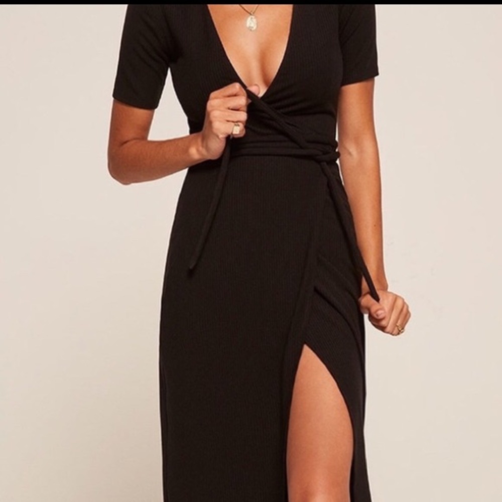 Reformation Britton Wrap Ribbed Long Dress Black  Sz Small